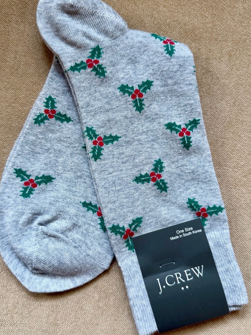 J. Crew Gray Socks with Green & Red Holly Motif